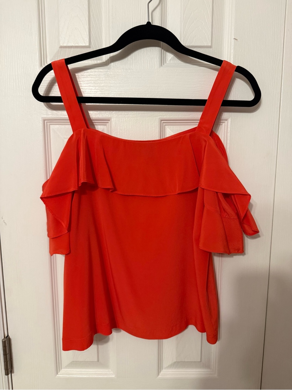 J. Crew Red Ruffle Cold-Shoulder Top Blouse Red/Burdt Orange Sz M